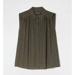 Sportmax Max Mara Olive Green Studded rhinestone Button Down Blouse sz10 chic‎